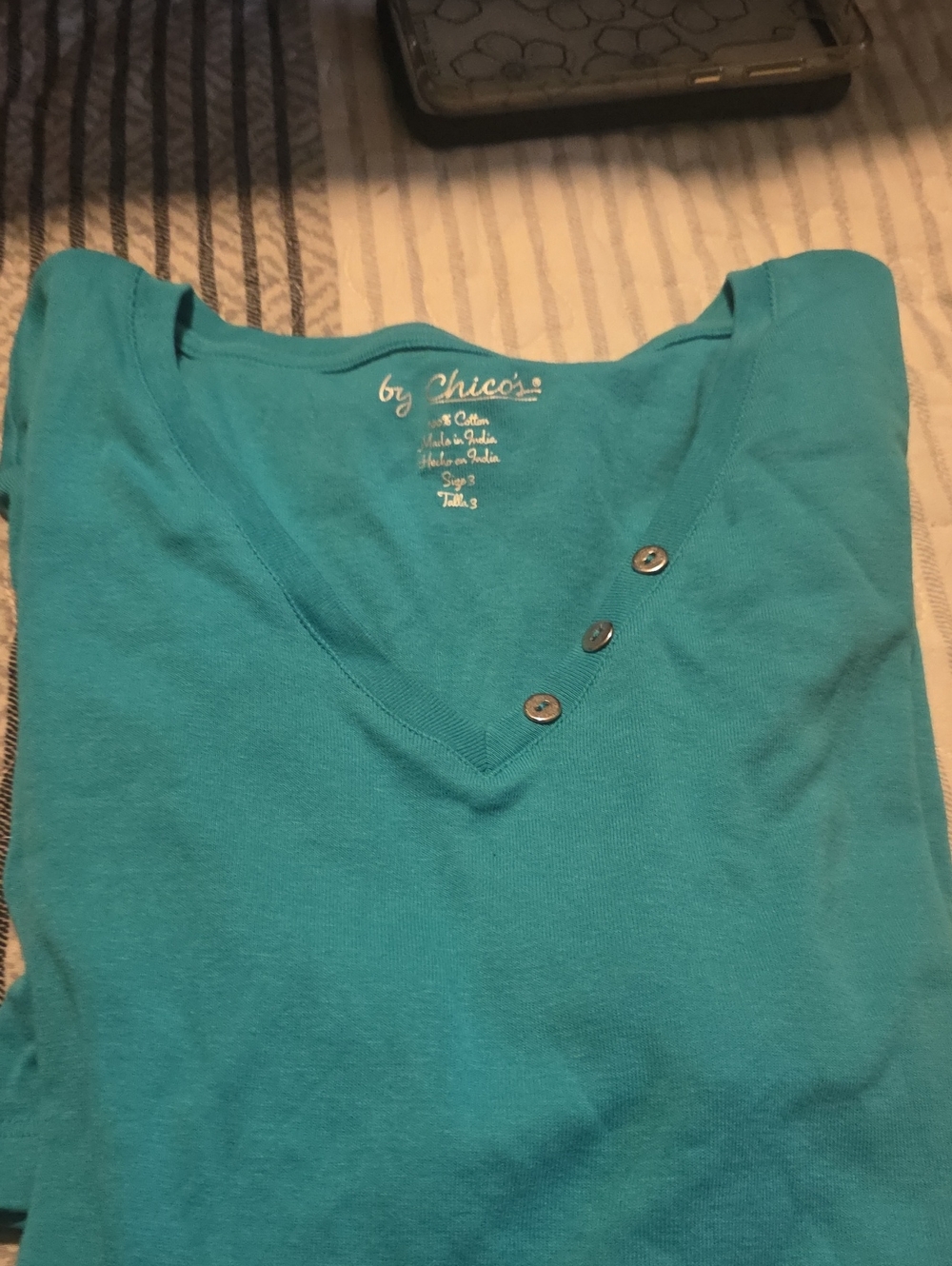 Chico's Teal V-Neck Short Sleeve Top with Button Trim